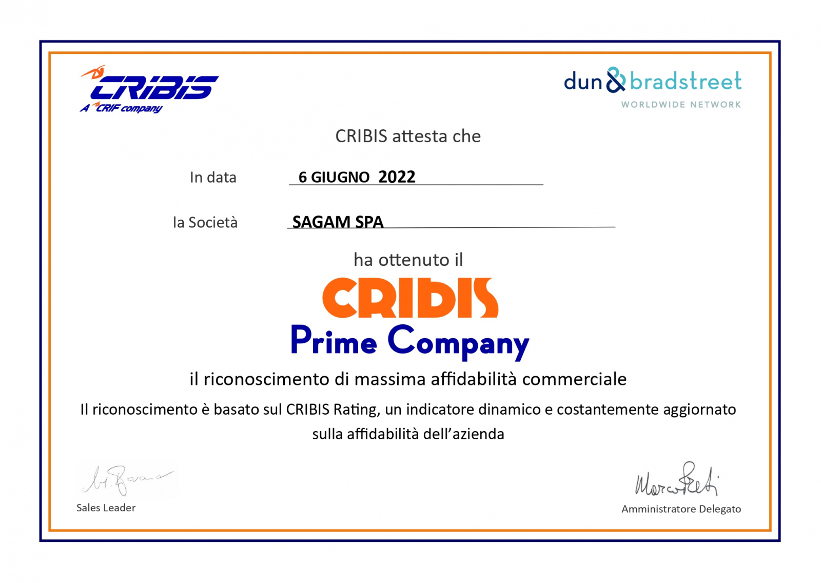 Sagam premiata con la certificazione di "Massima affidabilità commerciale"