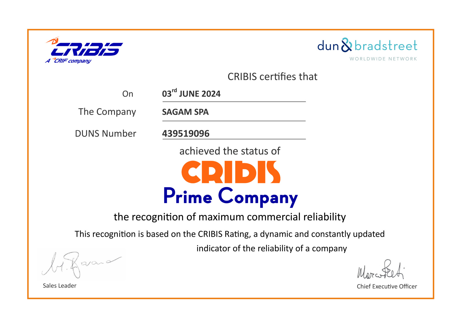 Anche Per Il 2024 Sagam E Stata Premiata Con Il Cribis Prime Company 526 C 1200