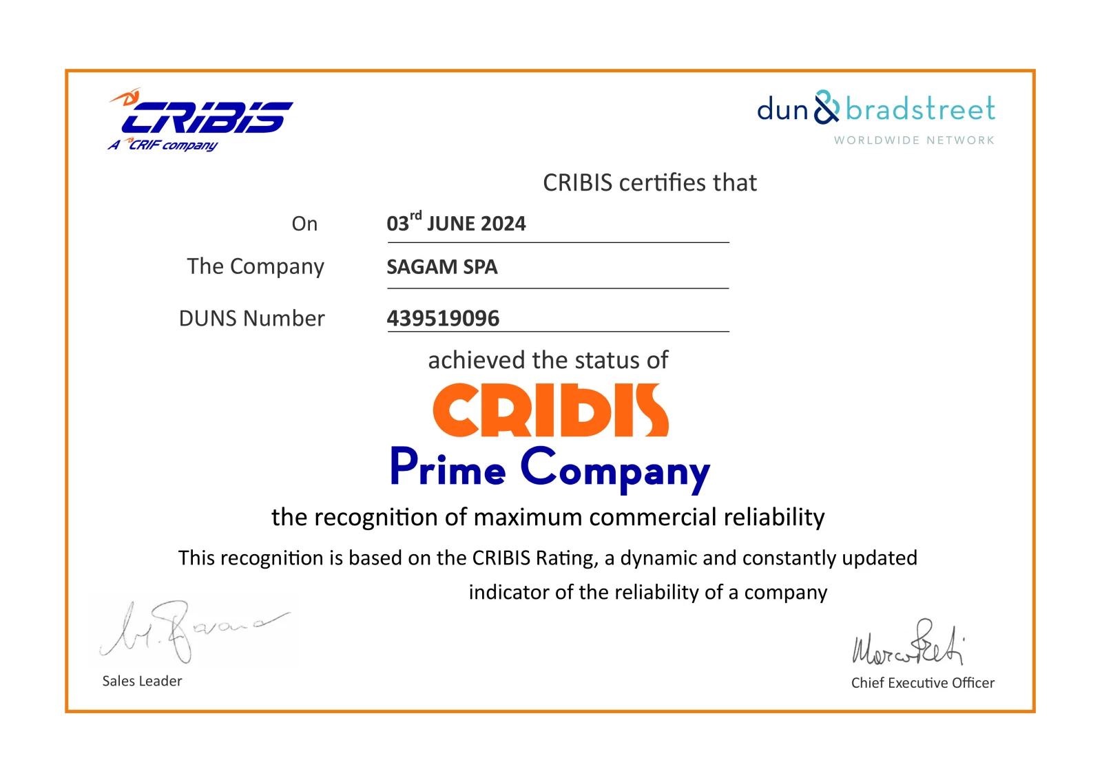 Anche Per Il 2024 Sagam E Stata Premiata Con Il Cribis Prime Company 526 C 1200